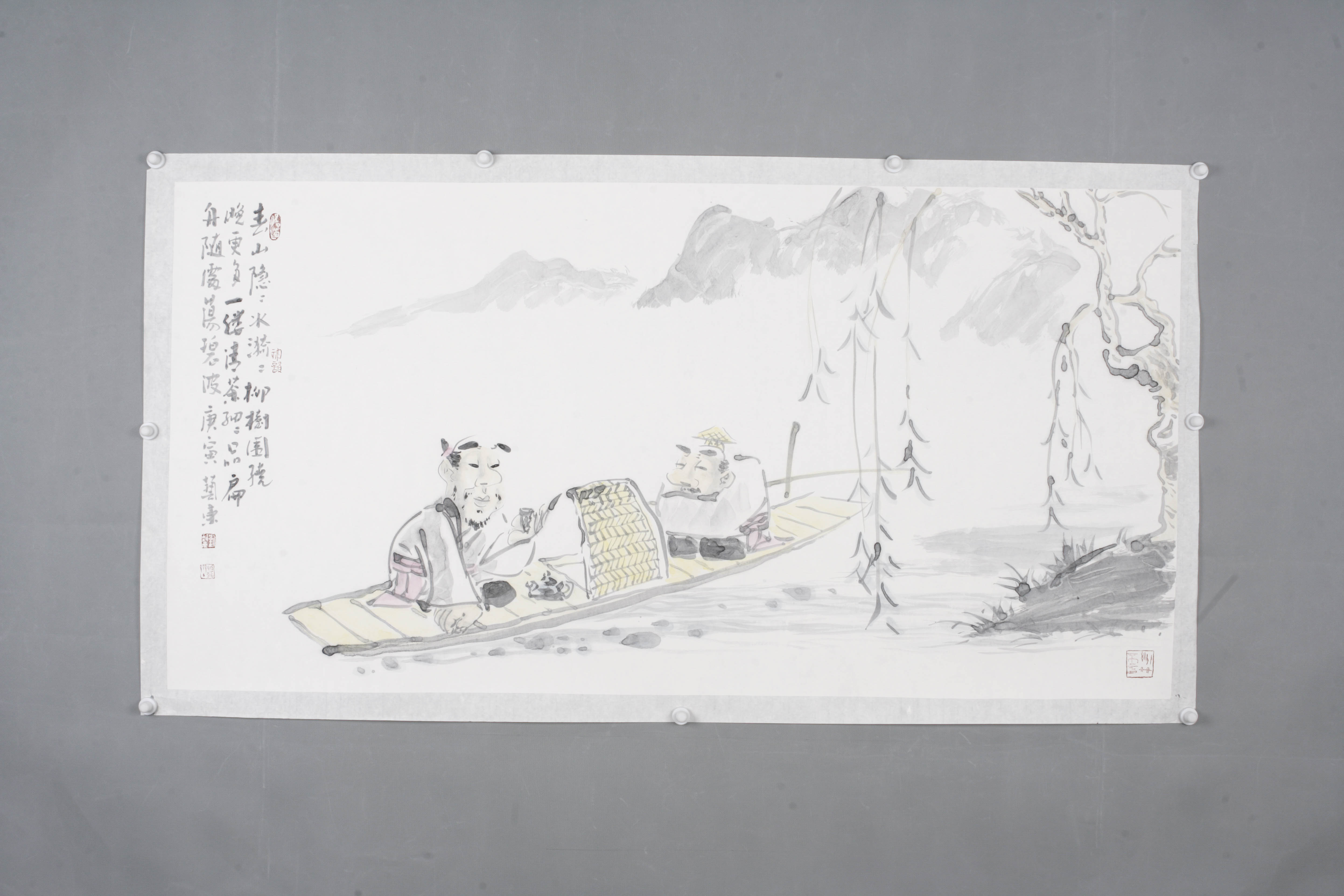 2010年刘艺东扁舟随风荡碧波图