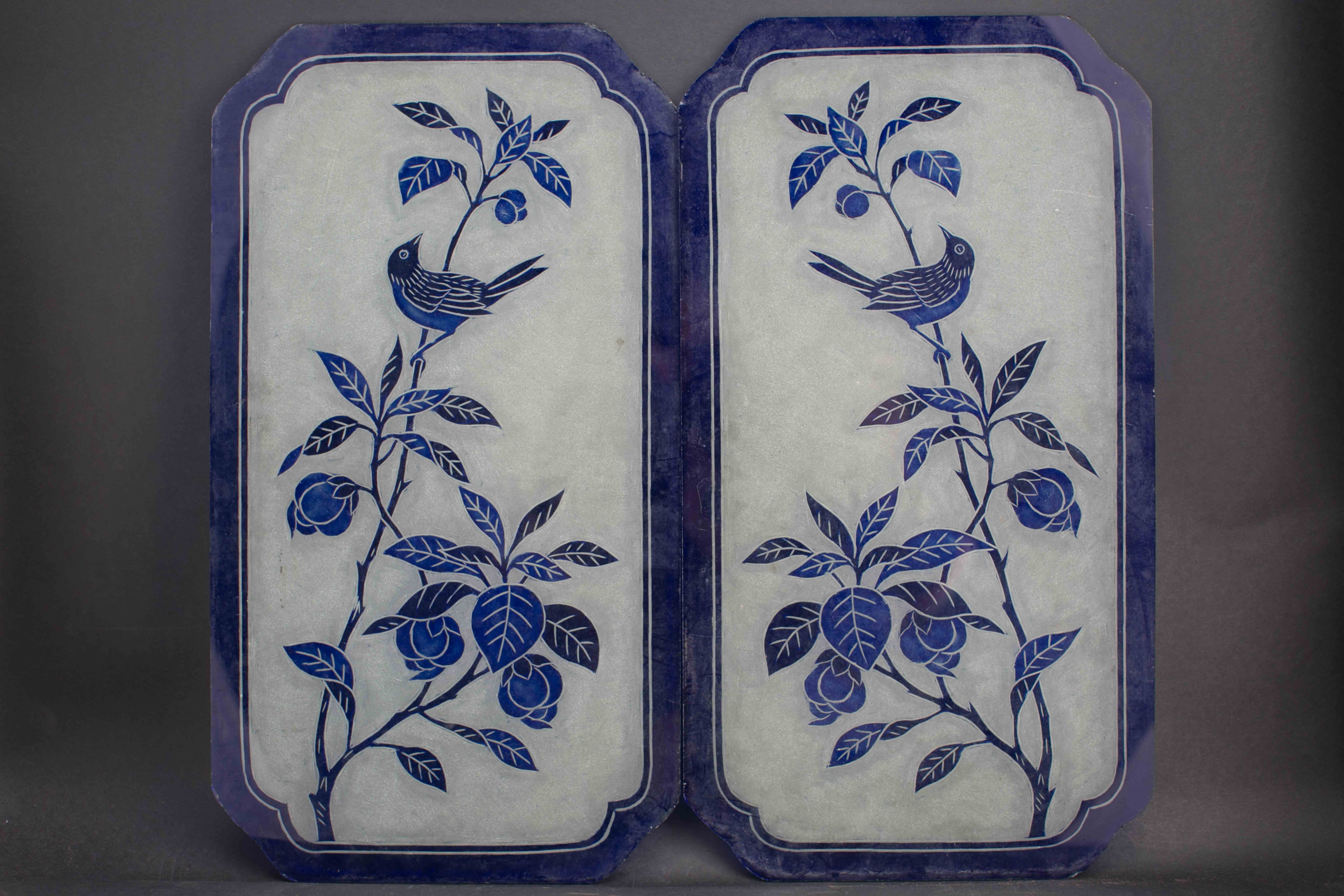 清套蓝花鸟纹蚀花玻璃格心-3